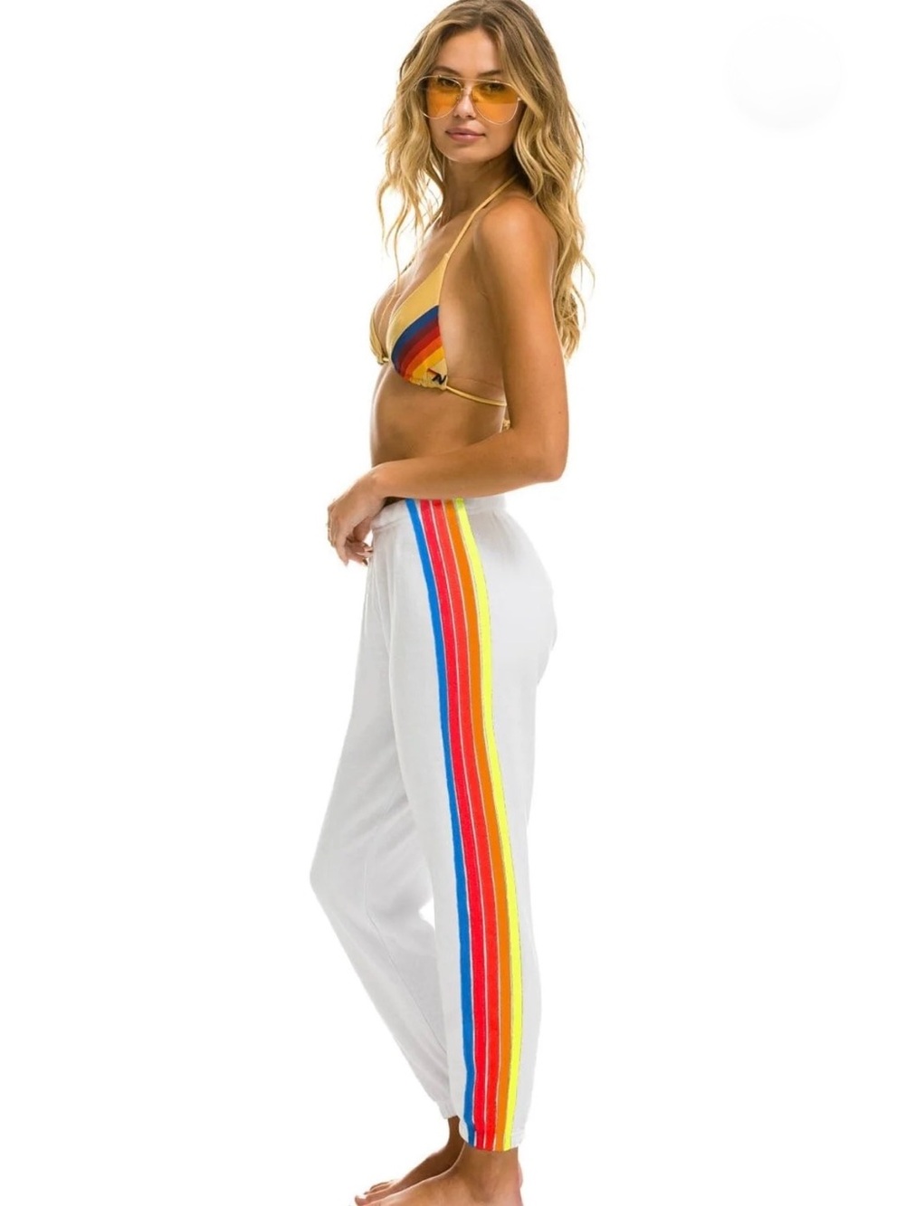 Aviator Nation White Track Pants with Rainbow Side Stripes
